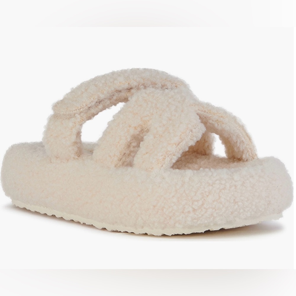 Azalea Wang Faux Shearling Cozy Cream Fuzzy Platform Slide Sandal-Size 10